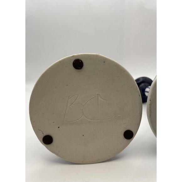 2 Vintage Pottery Candlestick Holders Geometric / Web Design Cobalt Blue & White - Picture 12 of 14